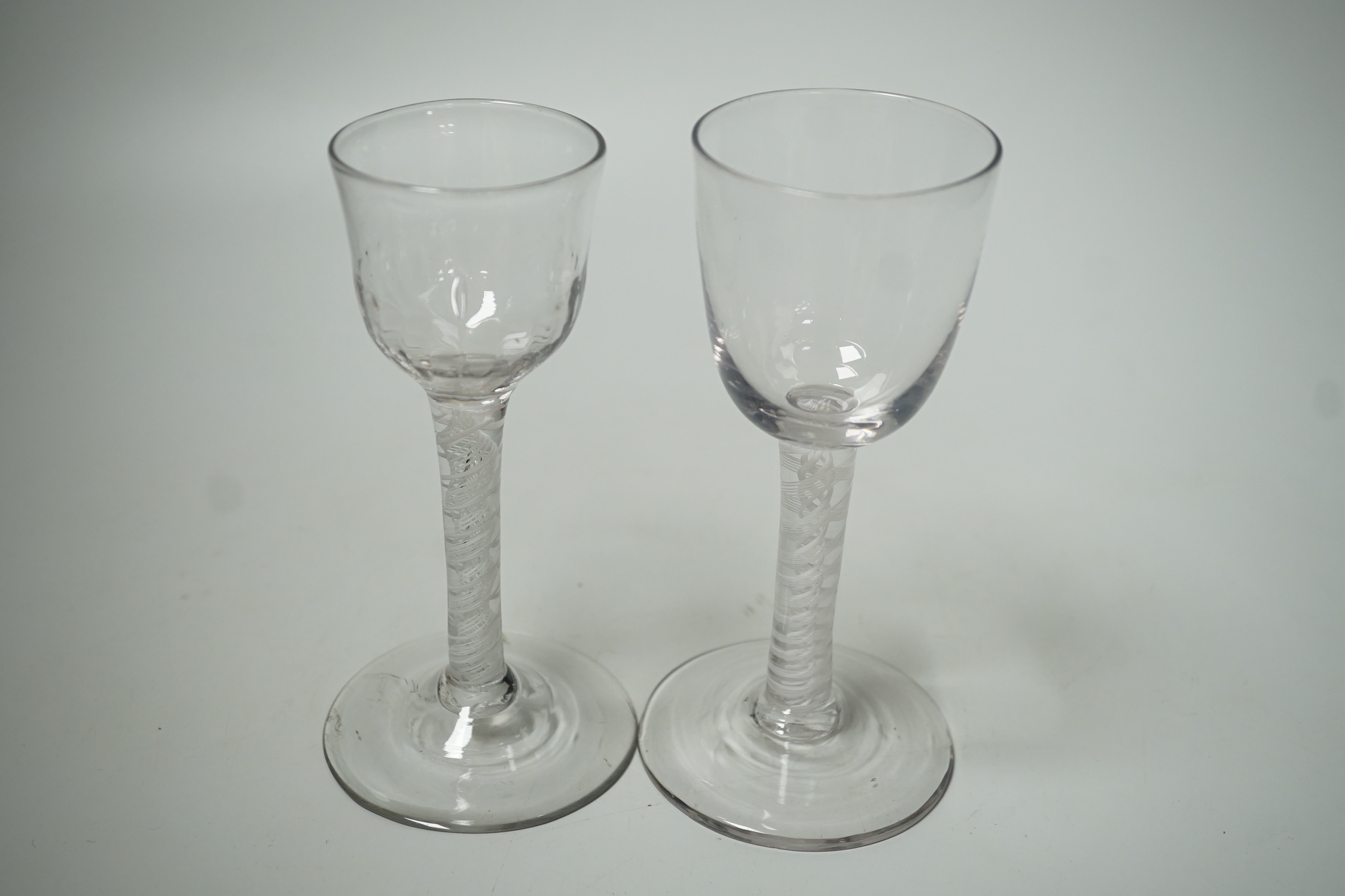 Two George III opaque twist cordial glasses, 14cm